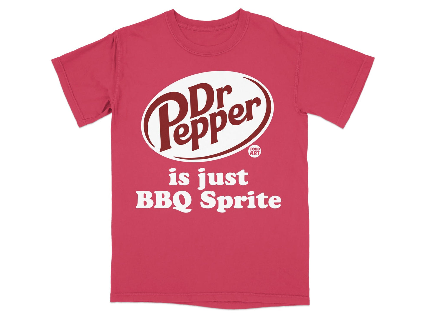 Red t-shirt with Dr Pepper logo and "is just BBQ Sprite" text.