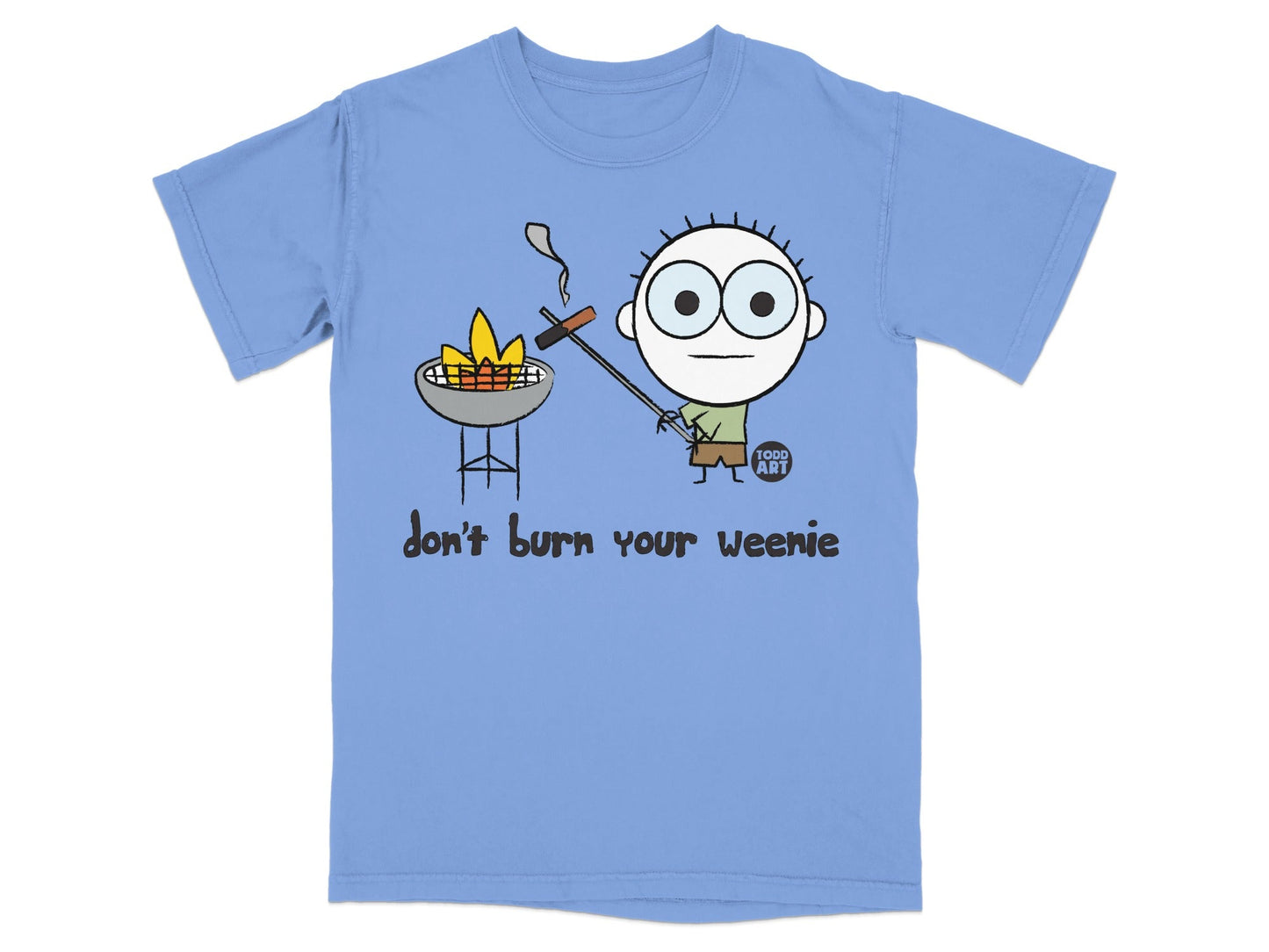 don't burn your weenie BBQ blue graphic t-shirt