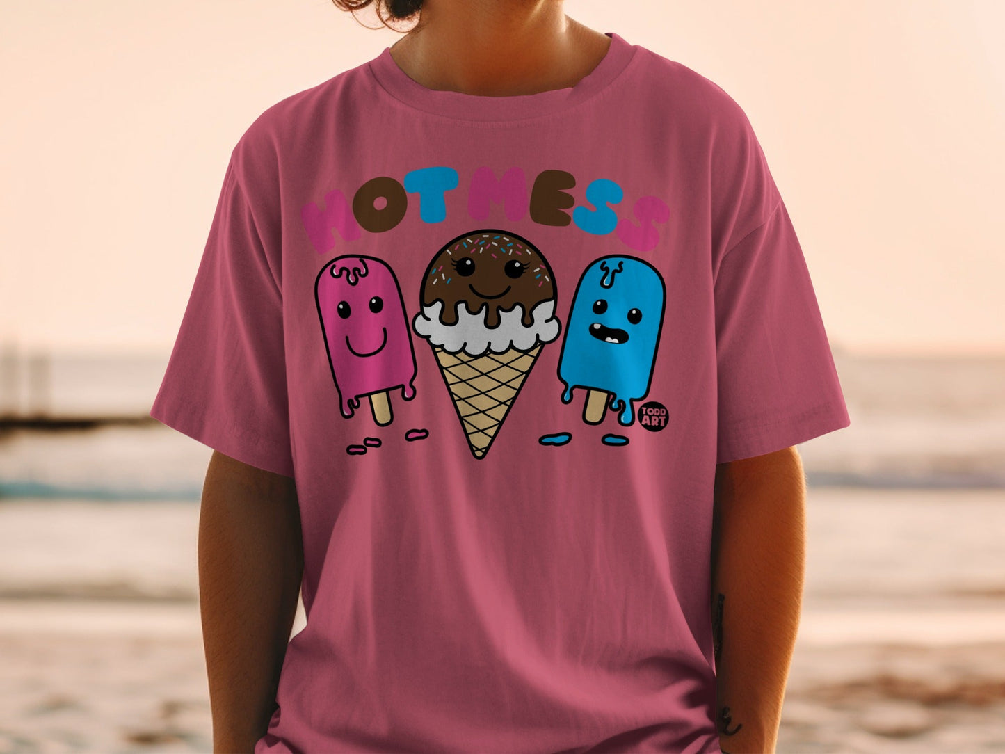 Pink T-Shirt with Cute Ice Cream Cartoon Characters