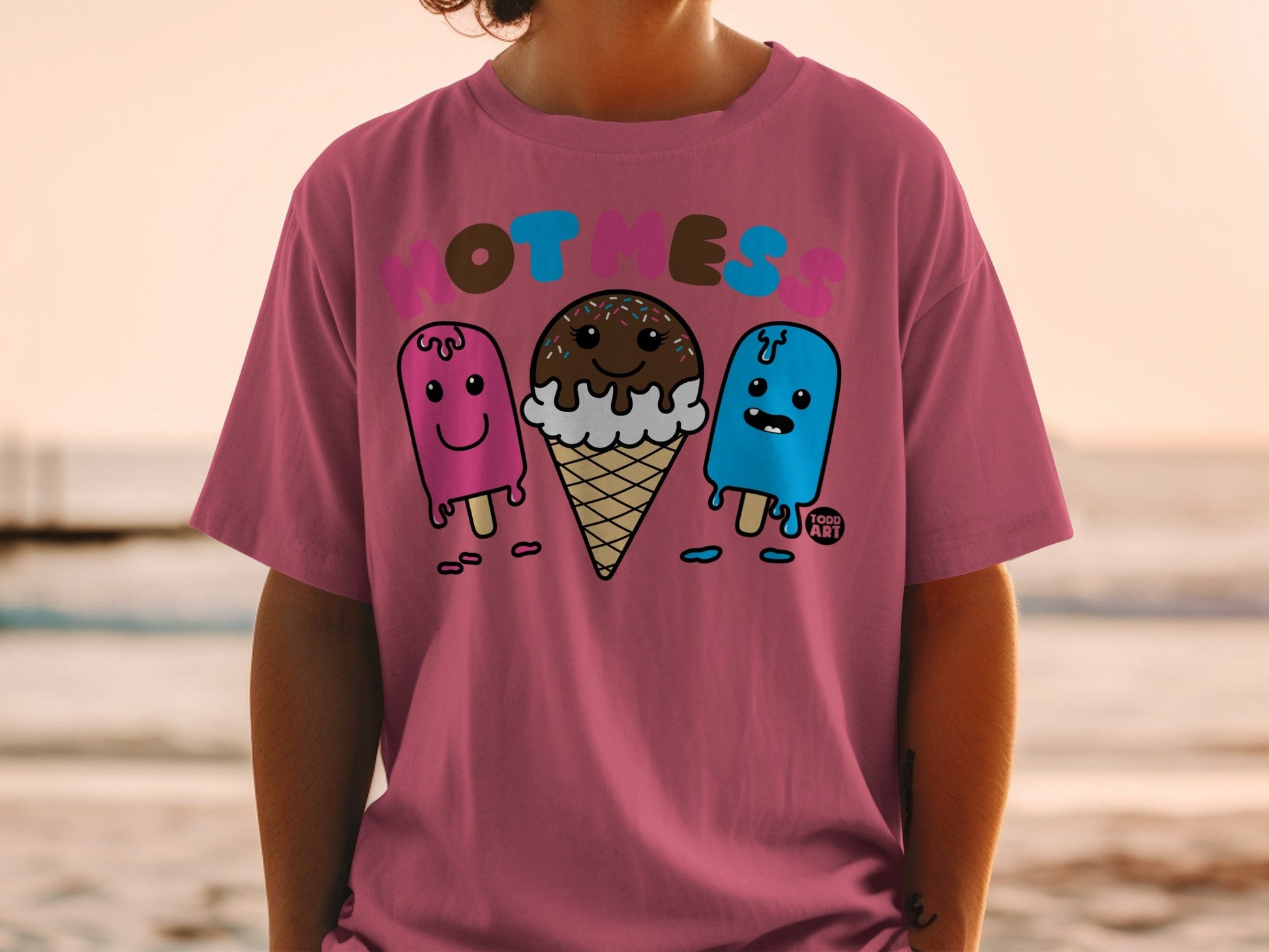 Pink T-Shirt with Cute Ice Cream Cartoon Characters