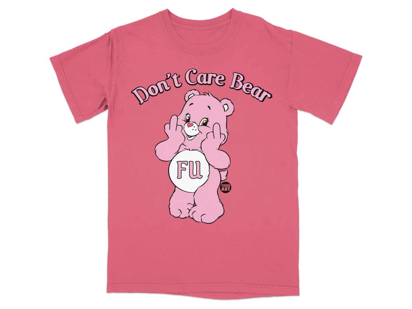 Pink t-shirt with a pink teddy bear graphic giving the middle finger.