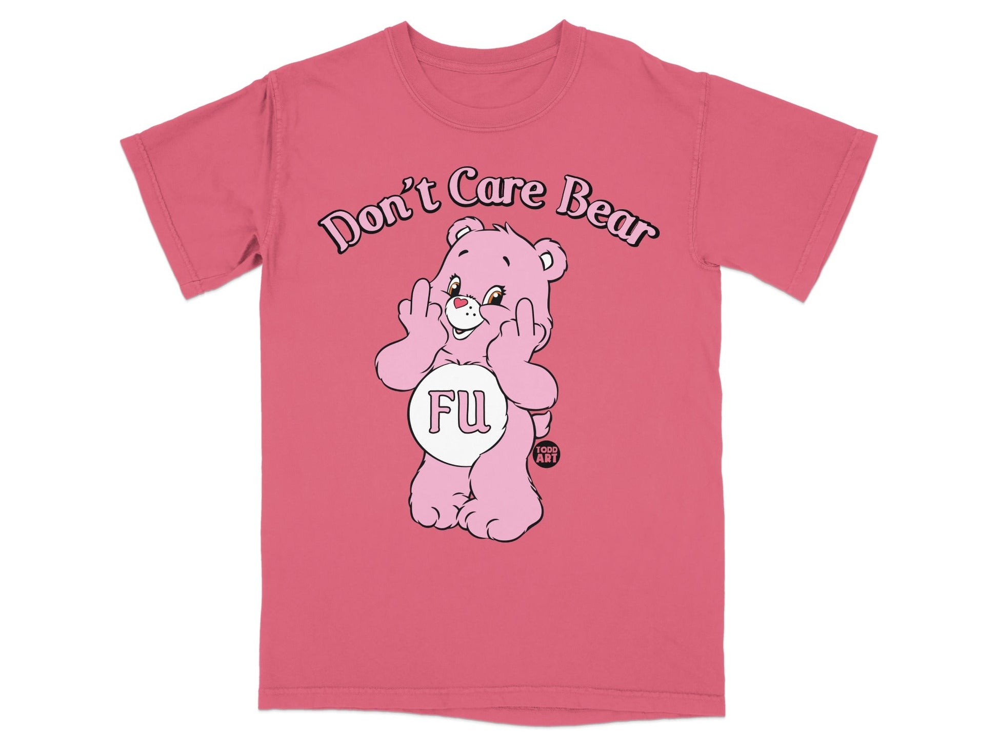 Pink t-shirt with a pink teddy bear graphic giving the middle finger.