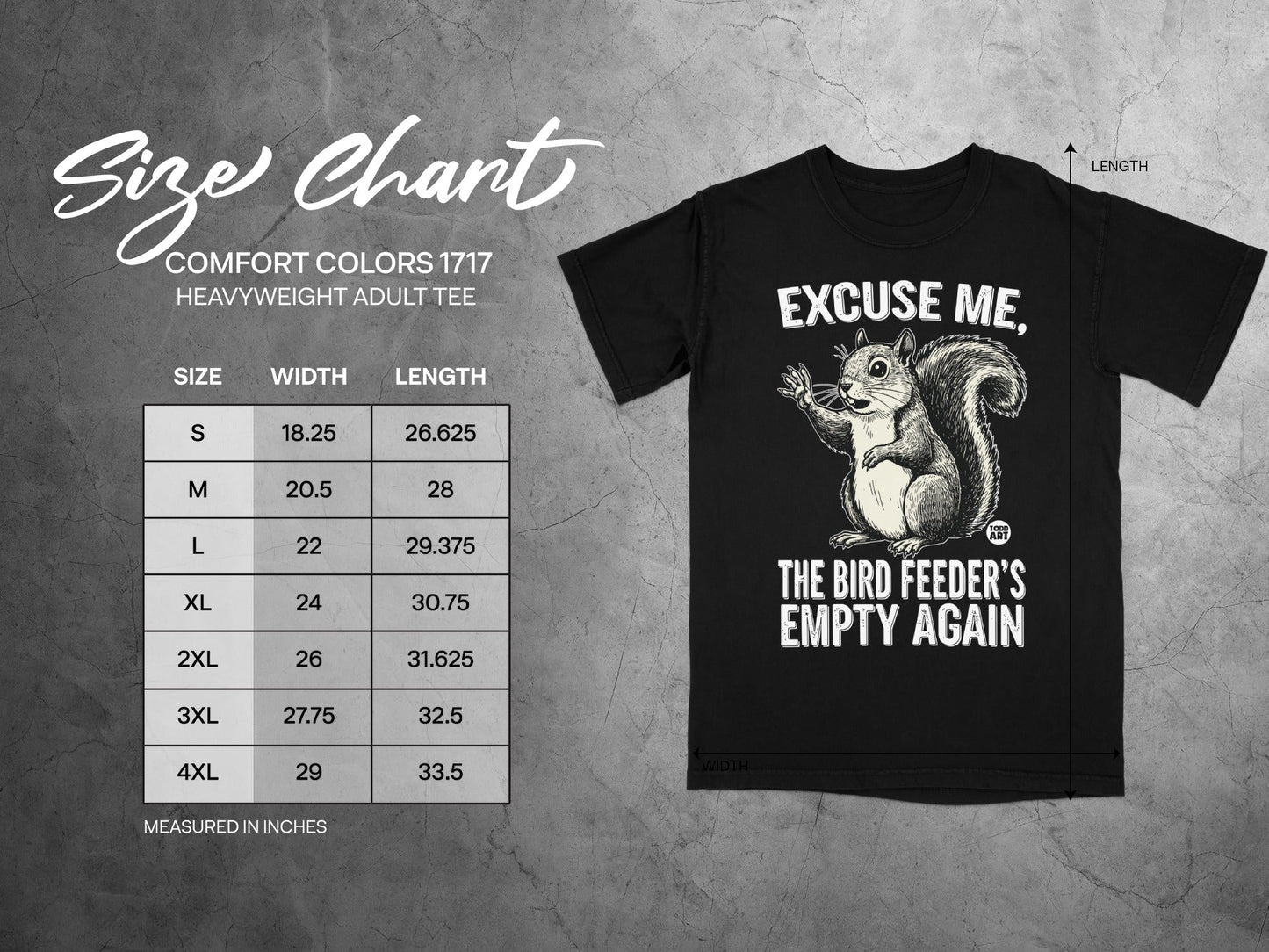 Comfort Colors 1717 heavyweight tee size chart with a squirrel illustration.