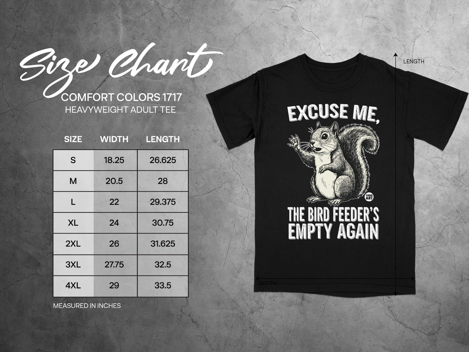 Comfort Colors 1717 heavyweight tee size chart with a squirrel illustration.