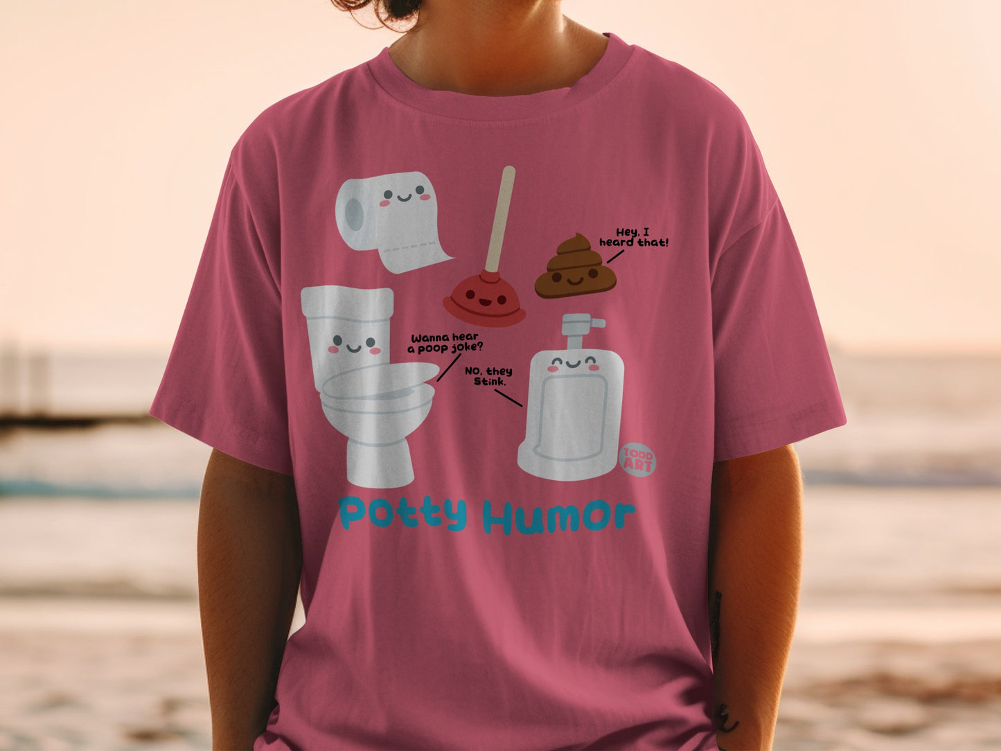 T-shirt with cartoon toilet, toilet paper, and smiling poop with "Potty Humor" text.