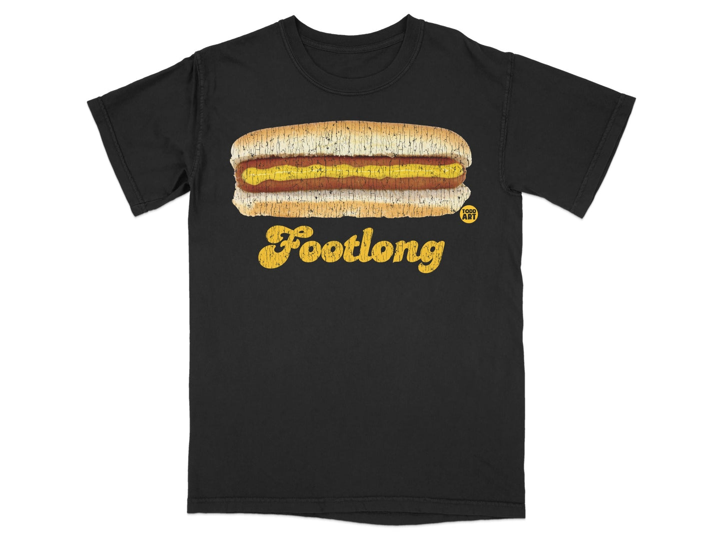 Black t-shirt with a stylized footlong hot dog and "Food Art" logo.