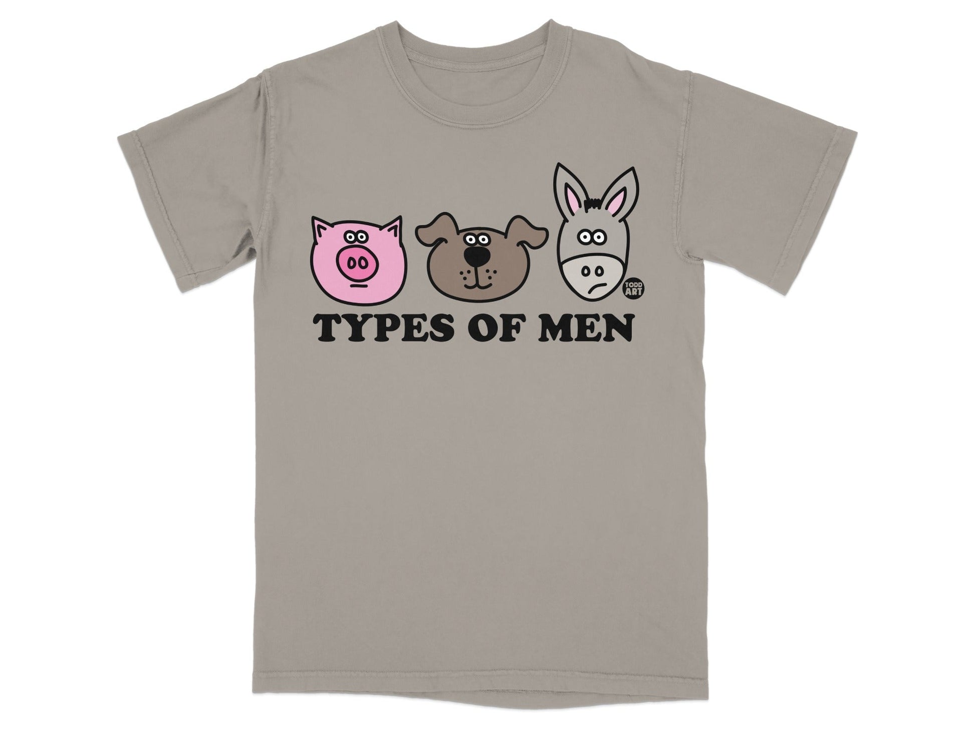 Three cartoon animal faces - pig, dog, donkey - with "TYPES OF MEN" text.