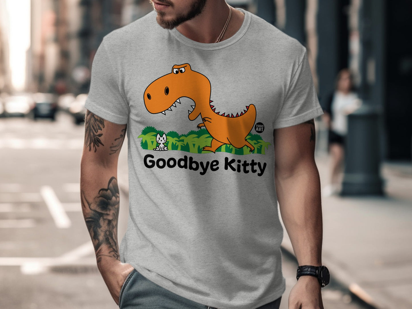 Funny Dinosaur Graphic Tee with Goodbye Kitty Print