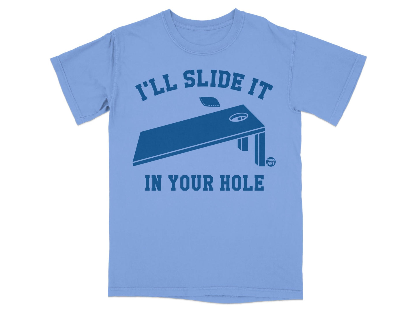 Blue t-shirt with dark blue graphic of a cornhole board and text.