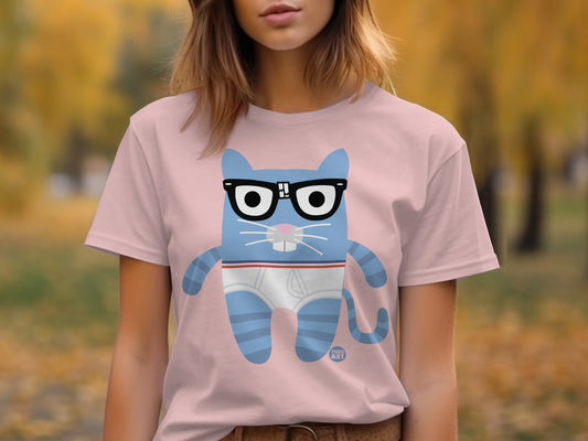 Cute Blue Cat with Glasses Printed T-Shirt