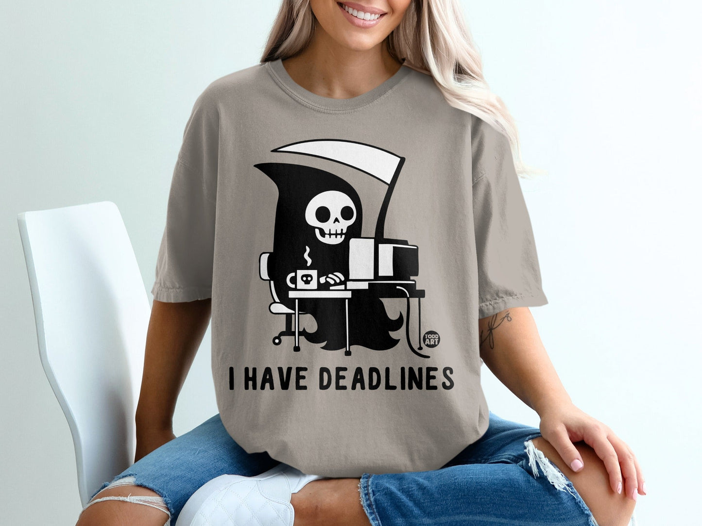 Grim reaper at a computer with text "I HAVE DEADLINES".