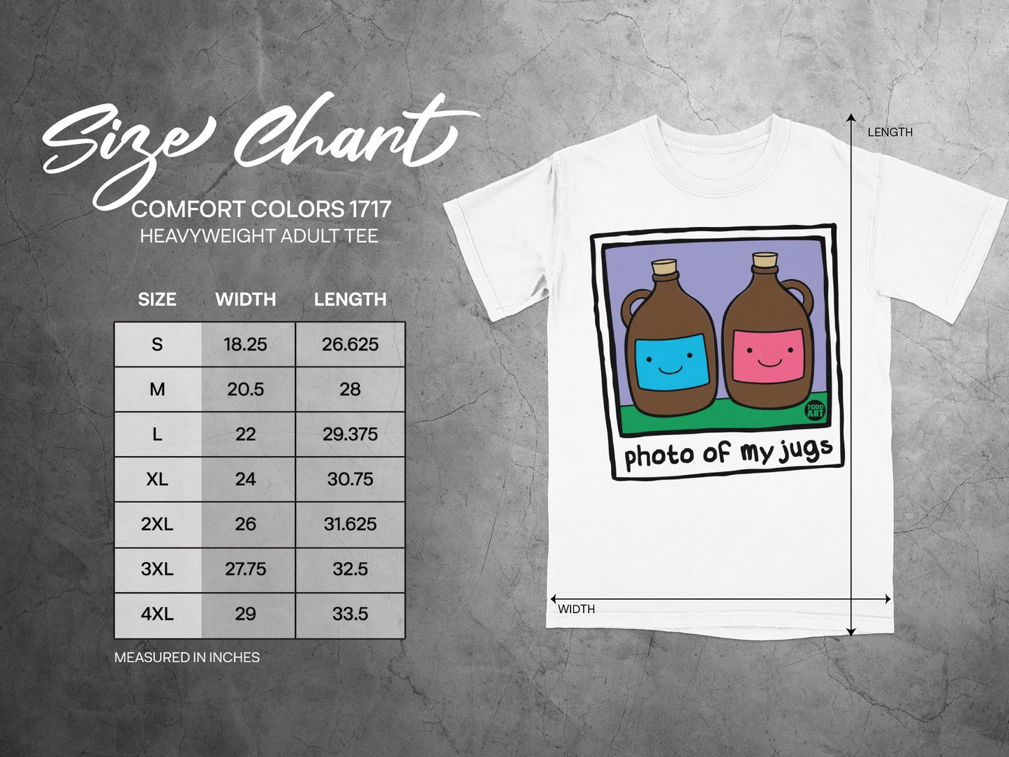 Size chart for Comfort Colors 1717 heavyweight adult tee with graphic.