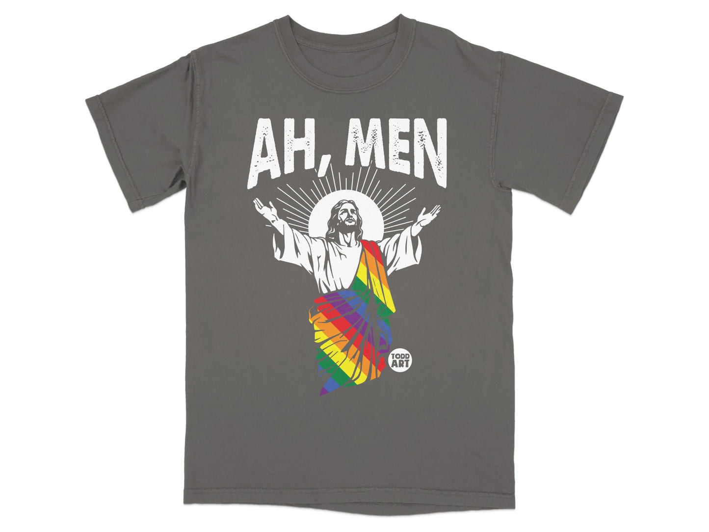 Jesus wearing a rainbow flag sash with "AH, MEN" text above.