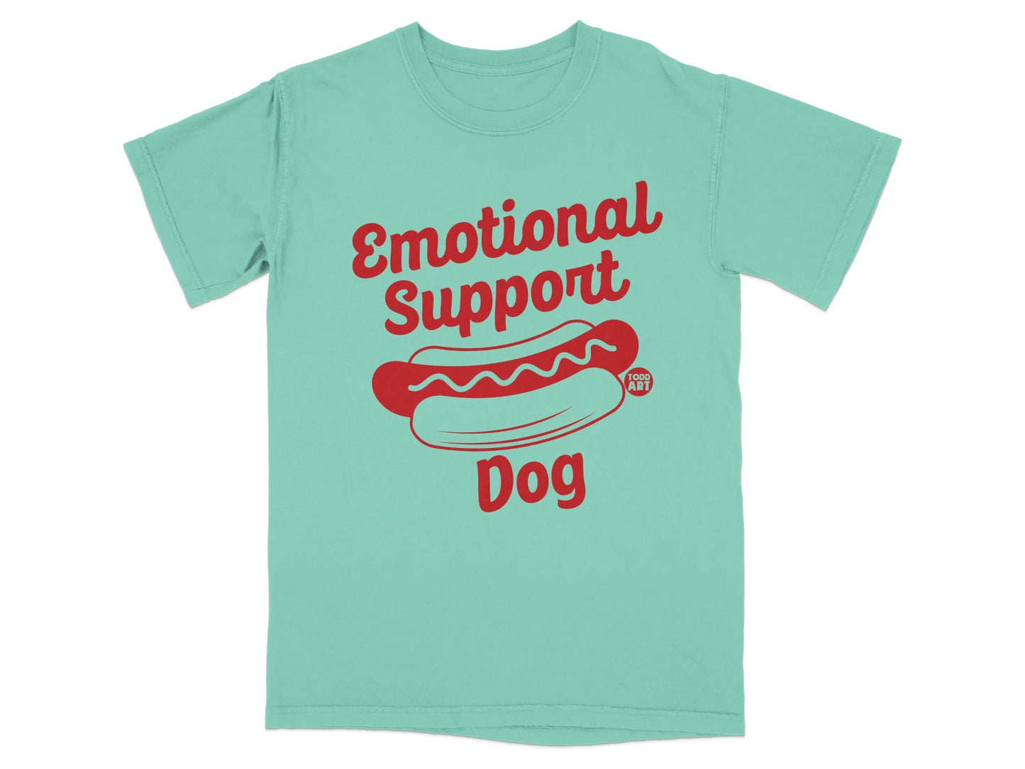 Teal t-shirt with red text "Emotional Support Dog" and a hot dog illustration.