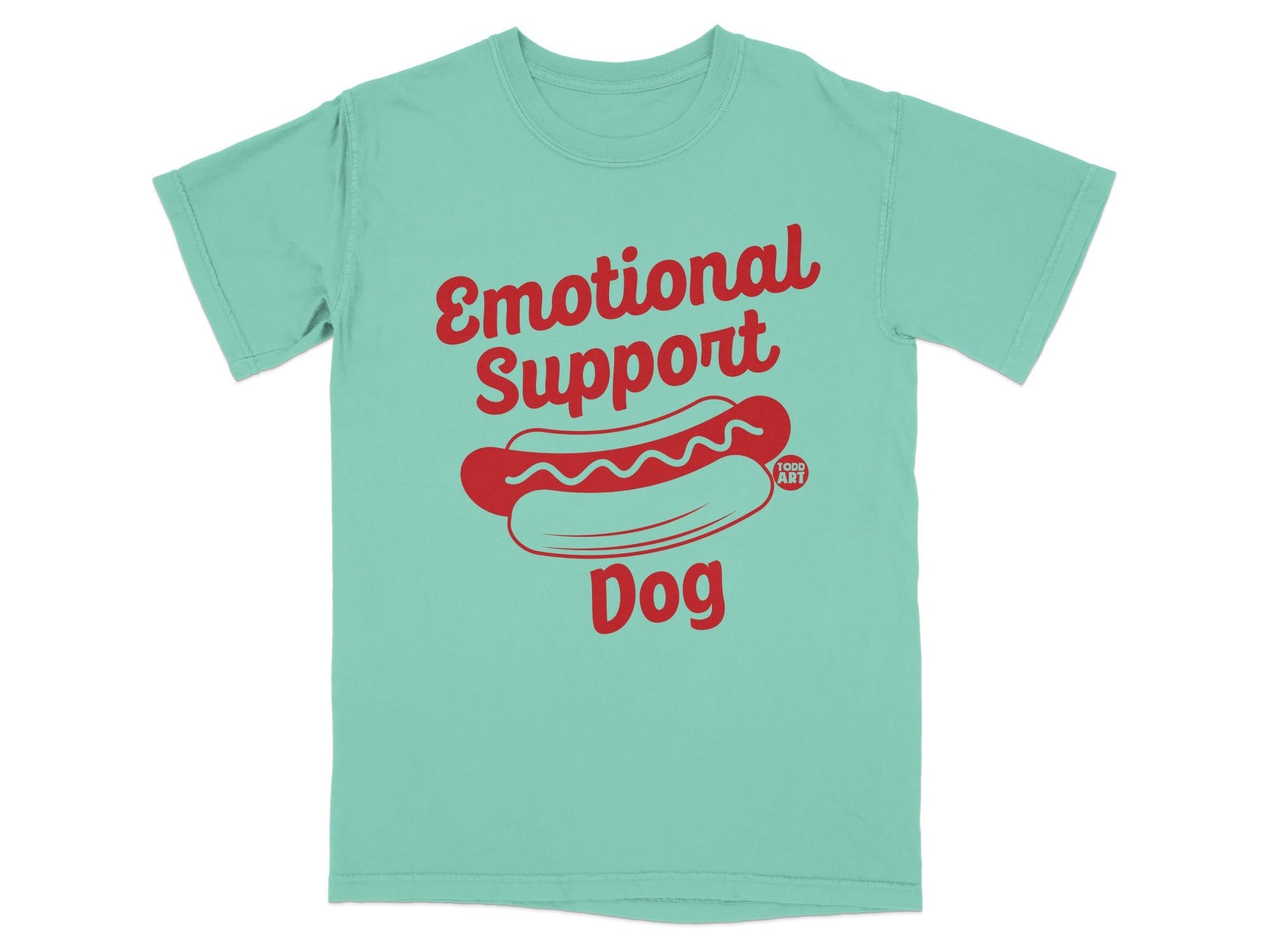 Teal t-shirt with red text "Emotional Support Dog" and a hot dog illustration.