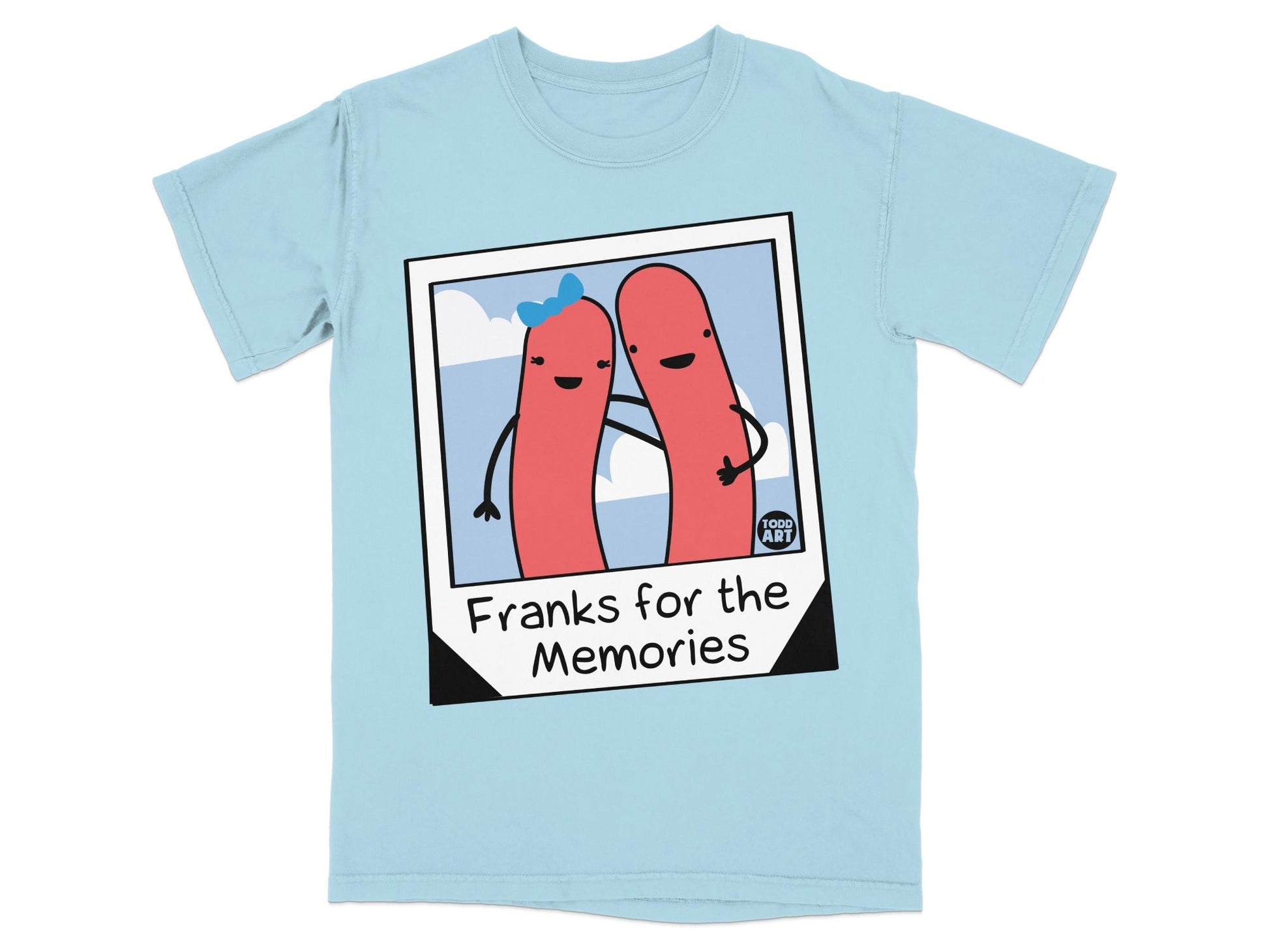 Two cartoon hot dogs embrace in a polaroid frame, "Franks for the Memories" text.