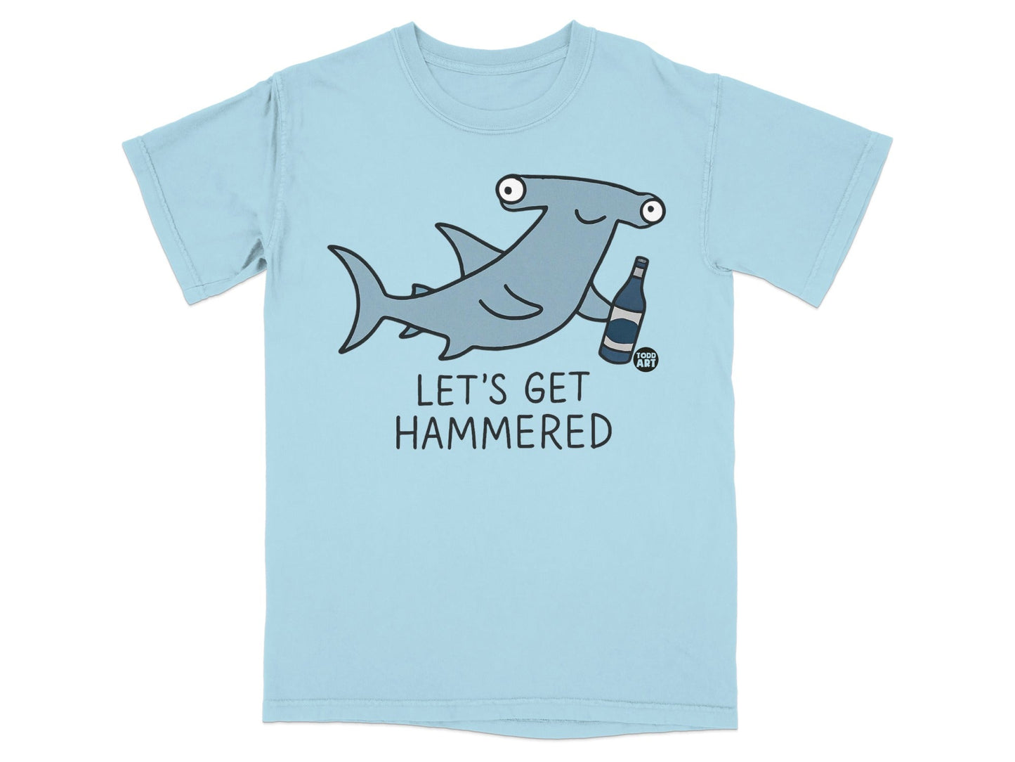 Light blue t-shirt with cartoon hammerhead shark holding a bottle.