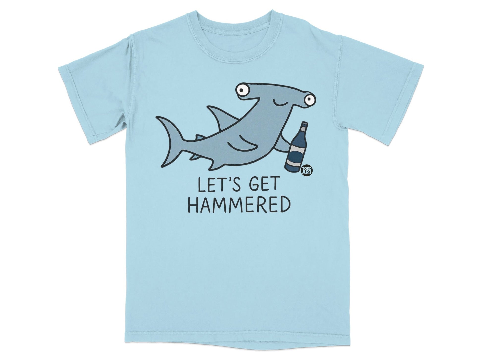 Light blue t-shirt with cartoon hammerhead shark holding a bottle.