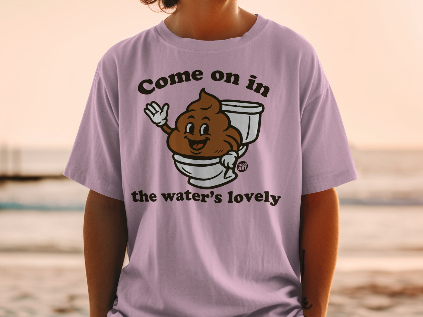 T-shirt with smiling toilet emoji saying "Come on in the water's lovely."