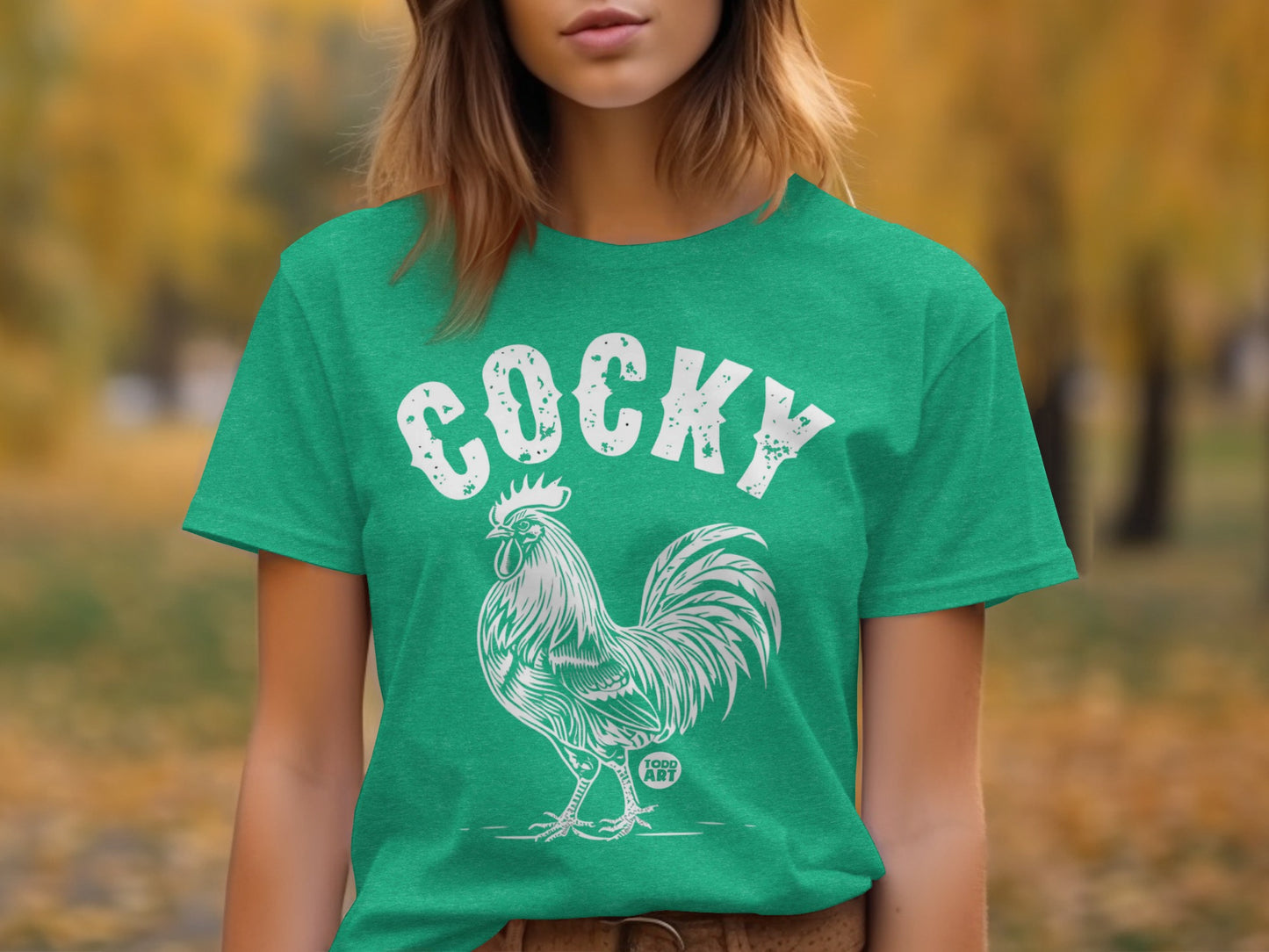 Bold Green Shirt with Cocky Rooster Graphic Design