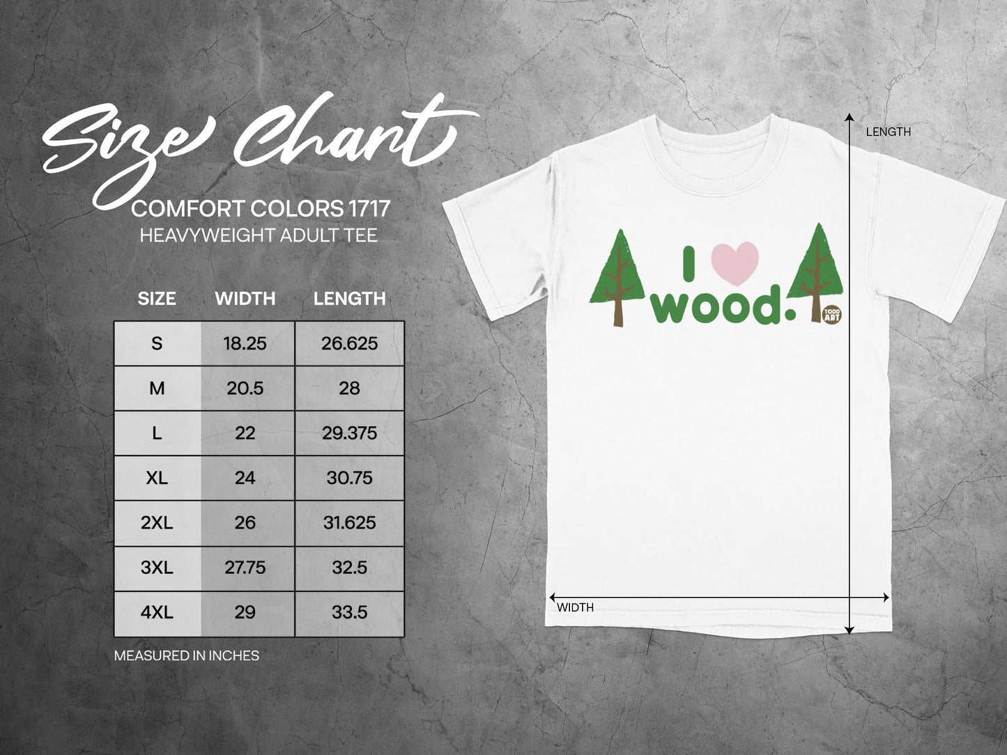 Comfort Colors 1717 heavyweight adult tee size chart with width and length measurements.