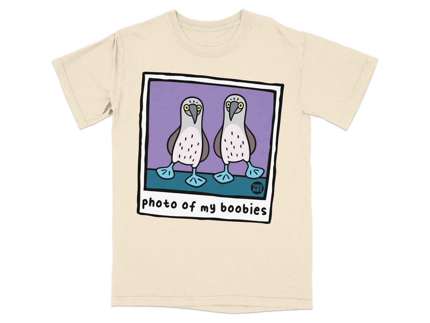 T-shirt with illustration of two cartoon boobies with "photo of my boobies" text.