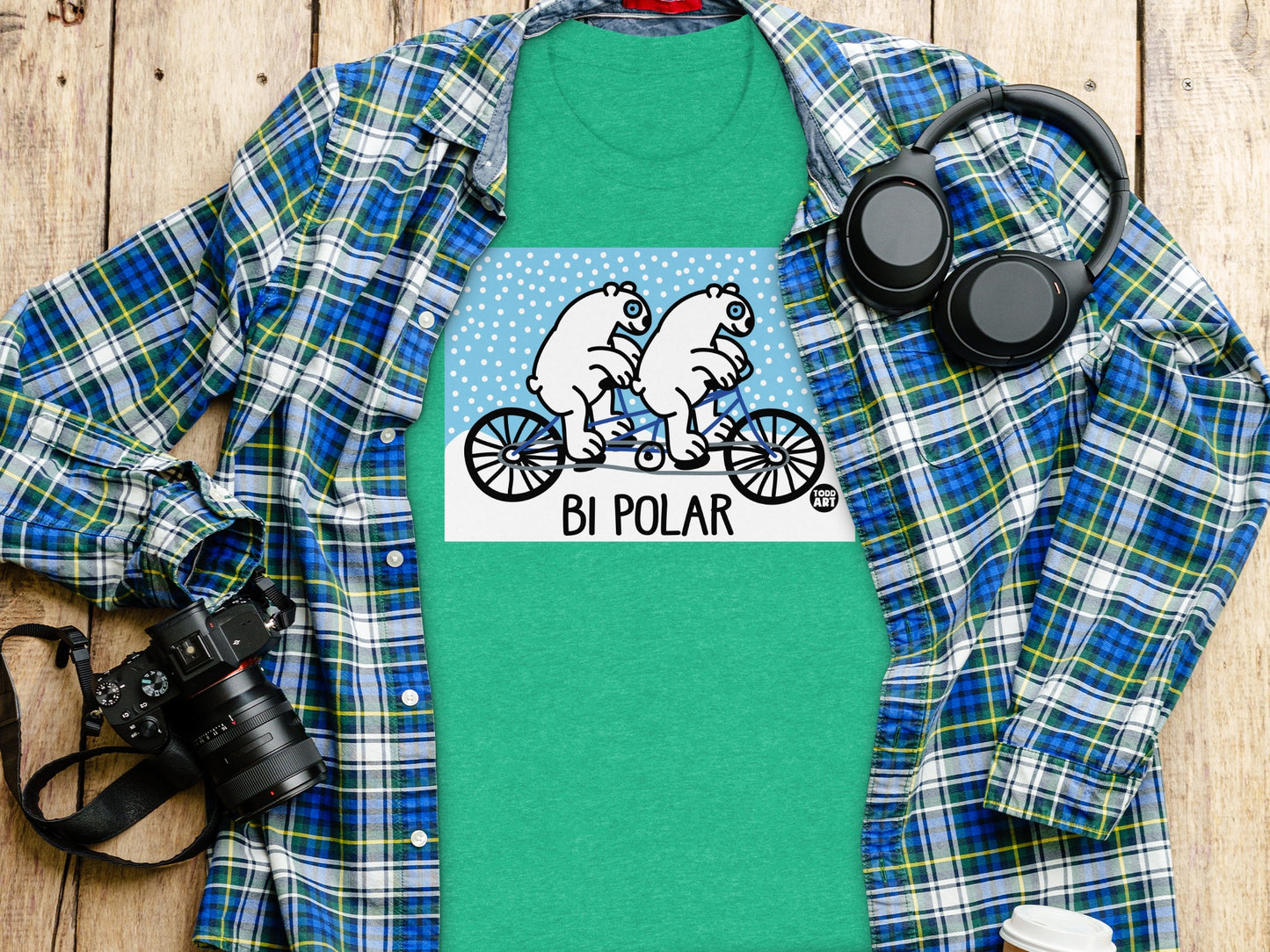 Funny Polar Bears on Bicycle Green Graphic T-shirt