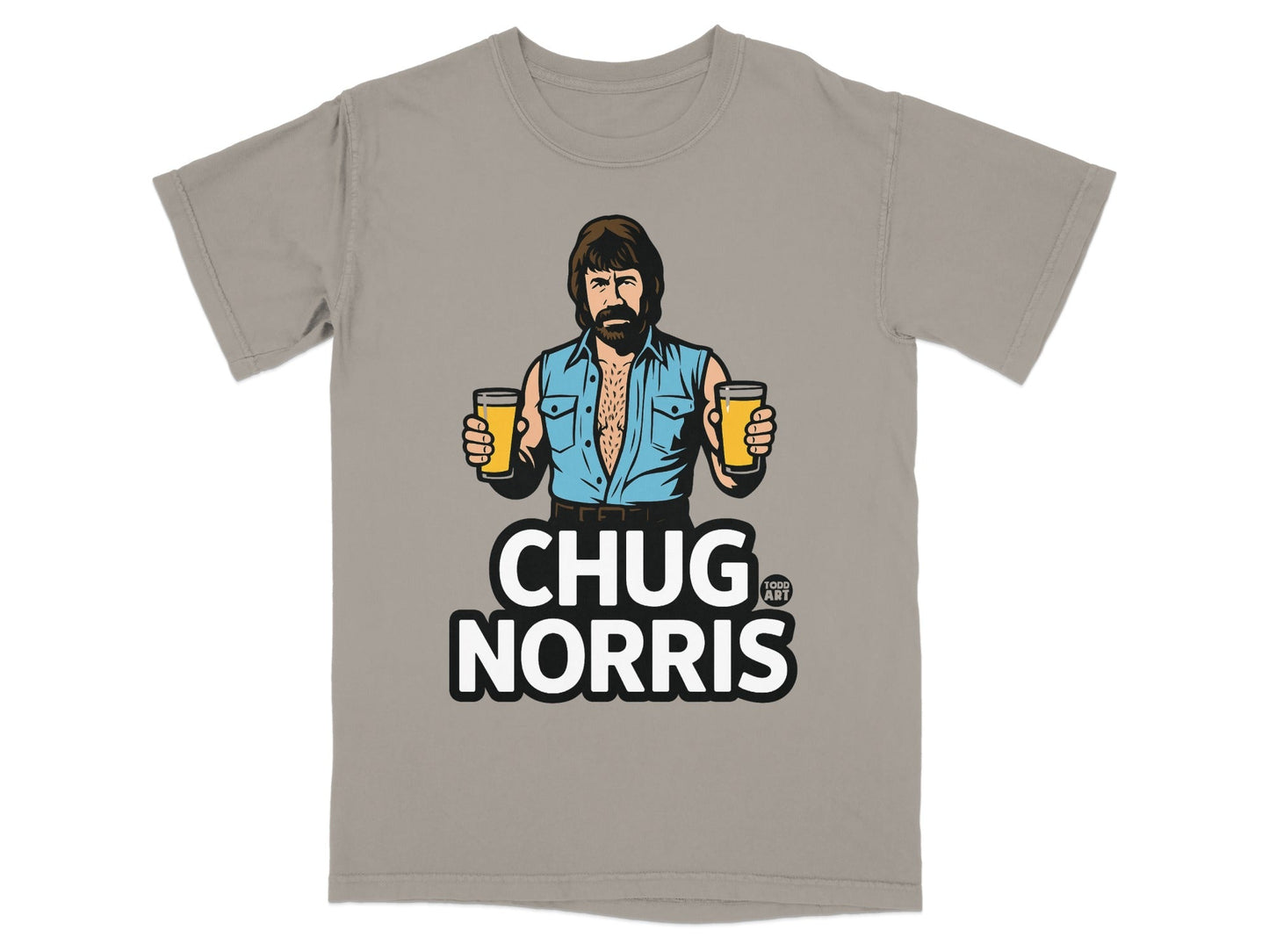 T-shirt with Chuck Norris holding two beers, text "CHUG NORRIS".