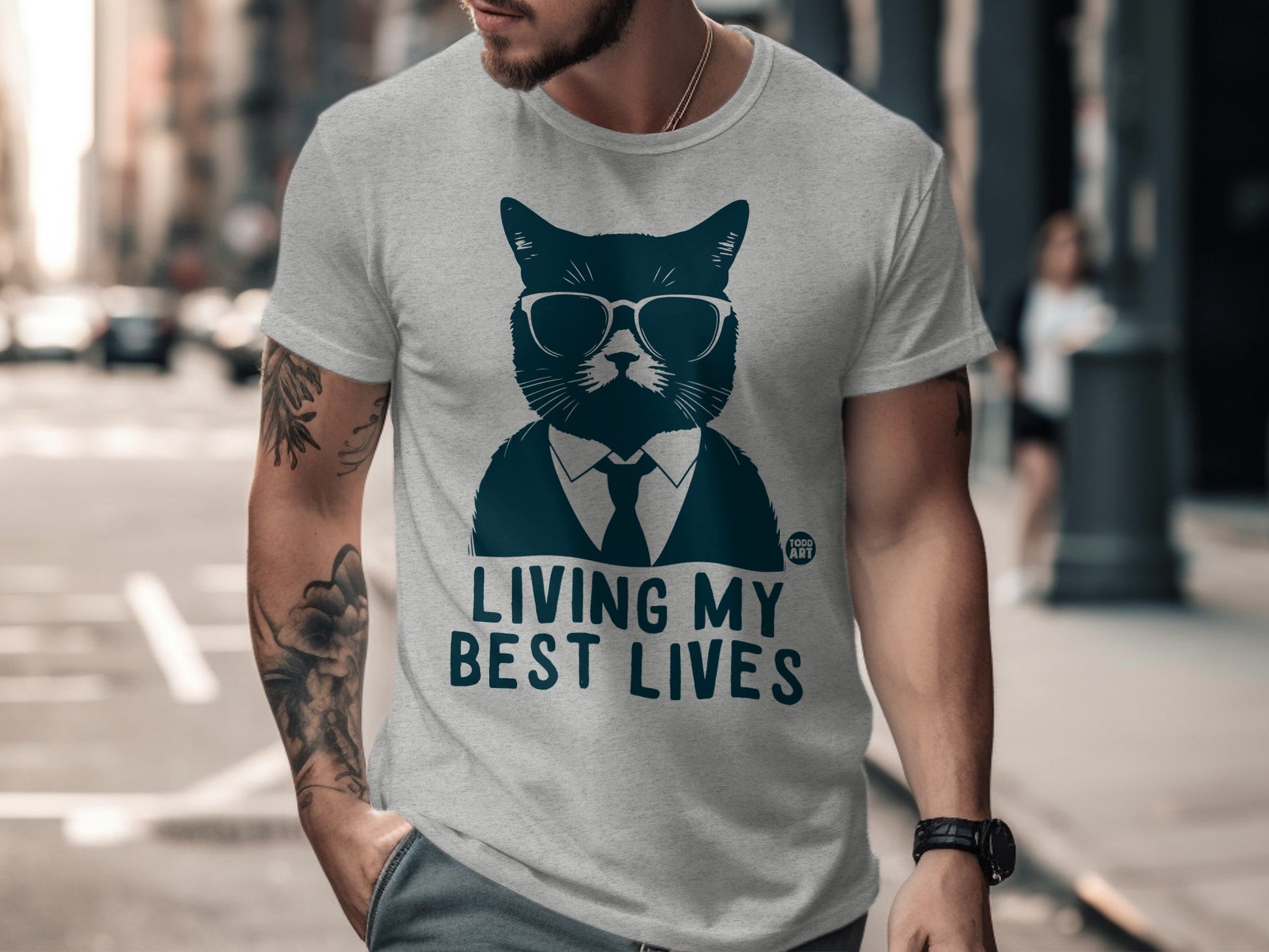 Living My Best Lives Cat T-Shirt Fun Graphic Tee