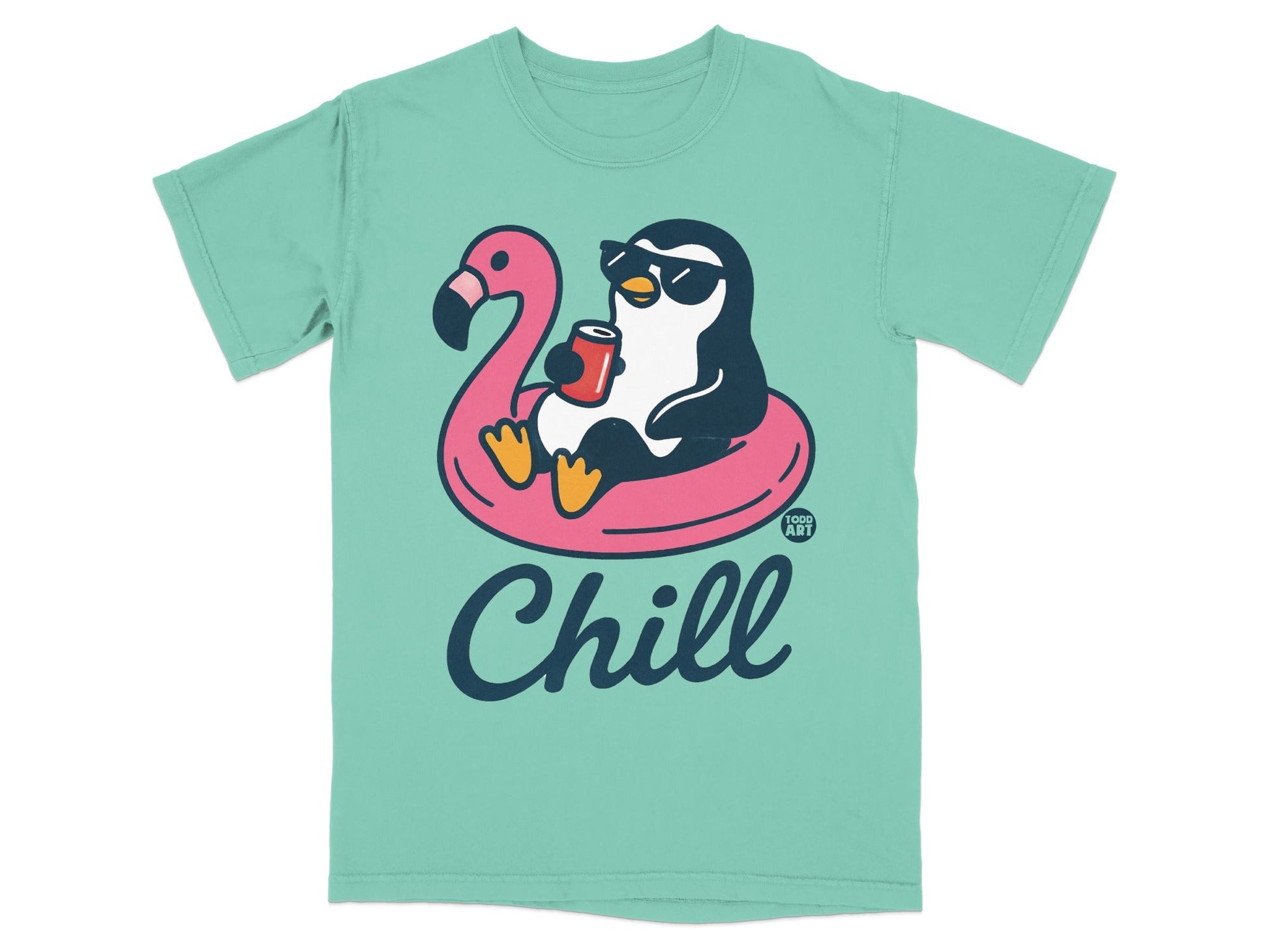 Penguin wearing sunglasses floats on a flamingo raft, holding a soda can, with "Chill" text.