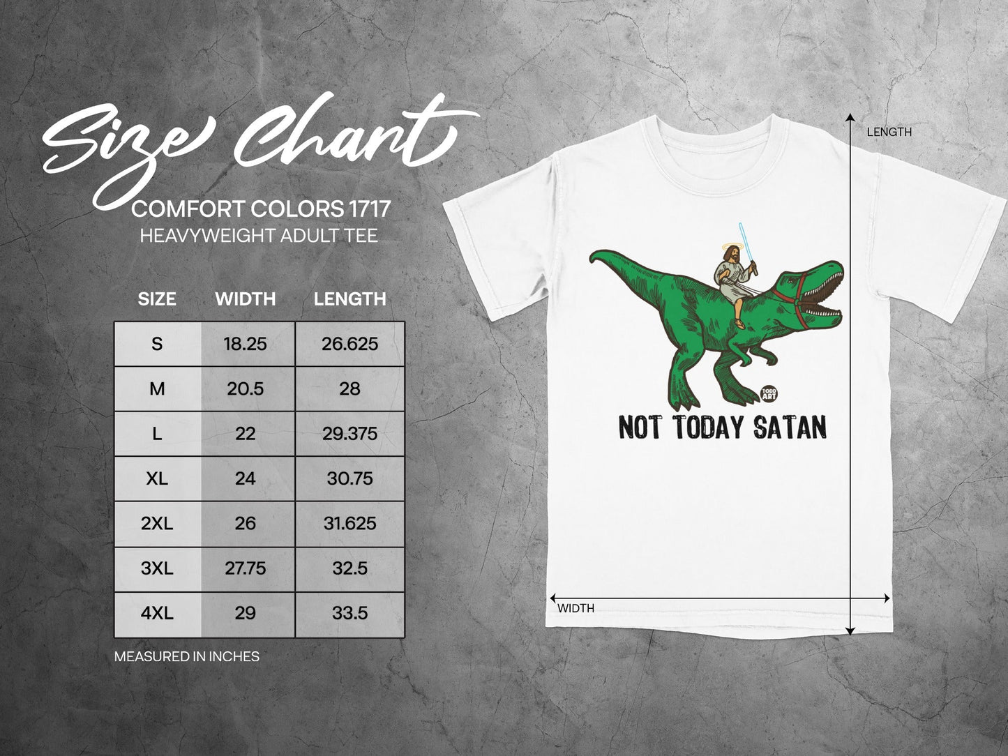 Size chart for Comfort Colors 1717 heavyweight adult tee.