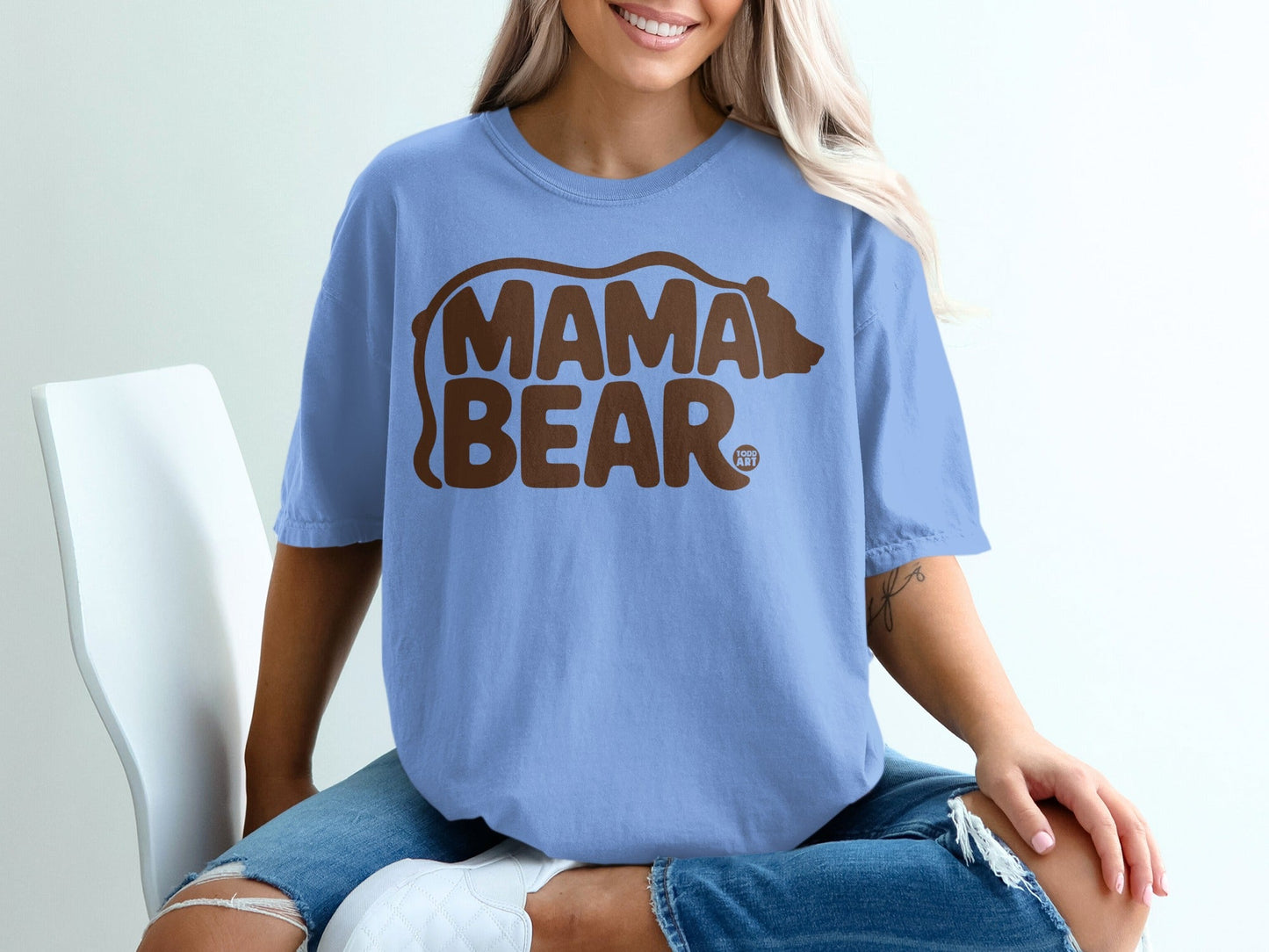 Blue Tee with Bold Mama Bear Graphic Design on Front