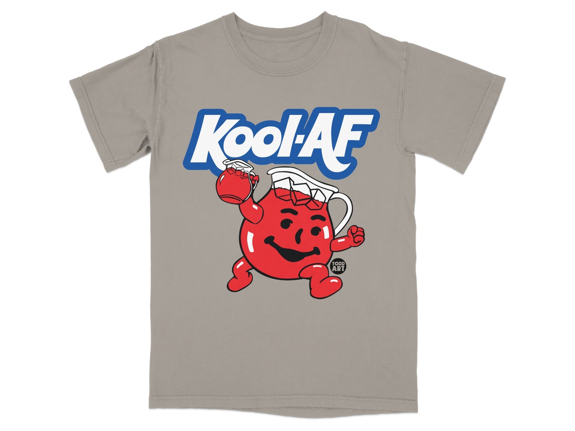 Kool-Aid Man character on a grey t-shirt holding a pitcher.