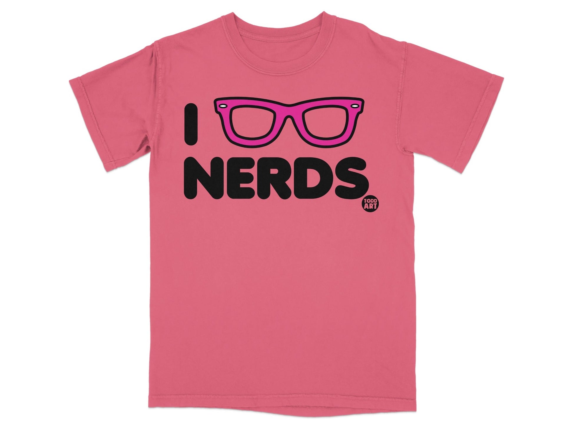 Pink t-shirt with "I NERDS" and pink glasses graphic.