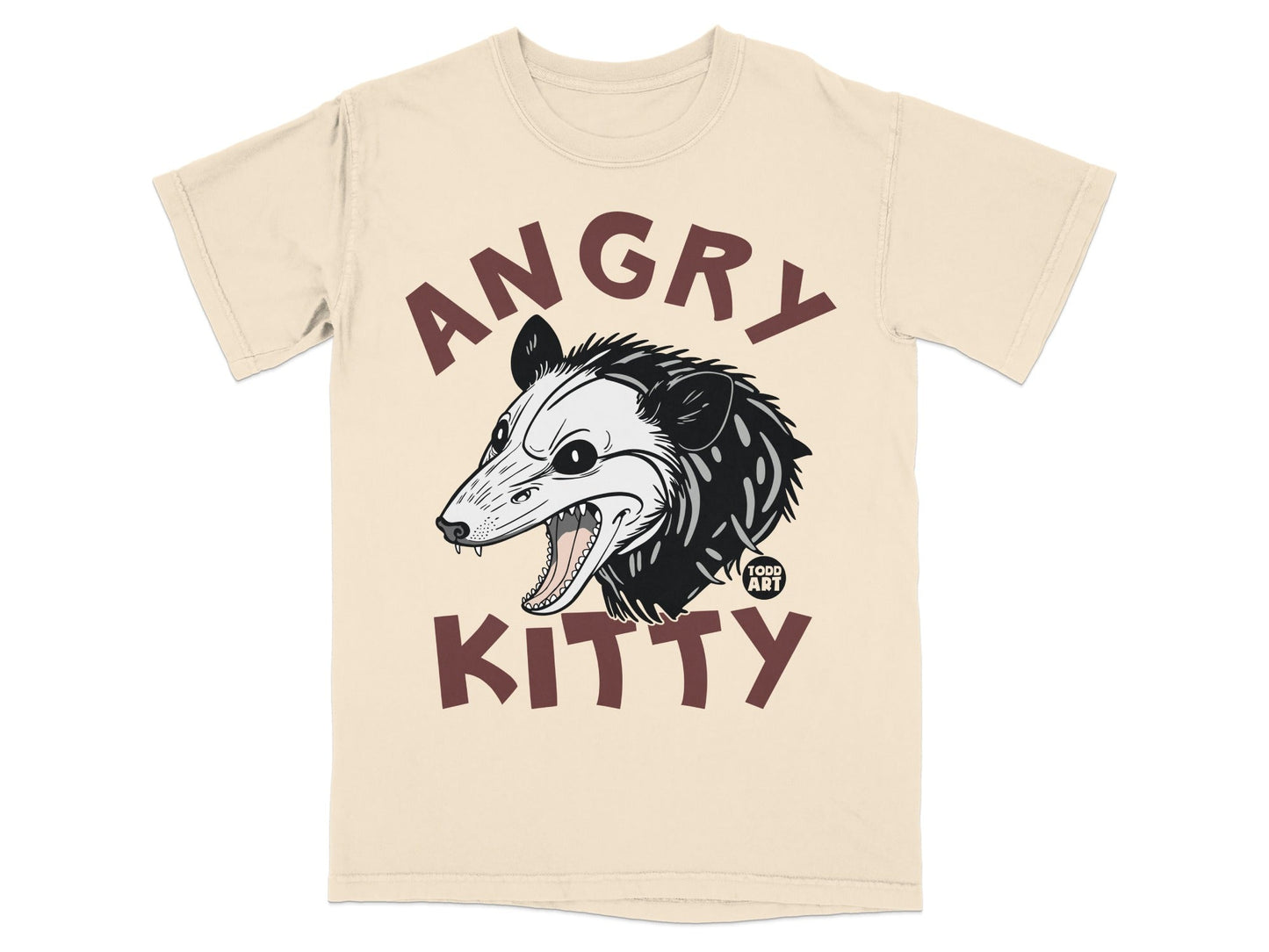 T-shirt with an angry possum graphic and "Angry Kitty" text.
