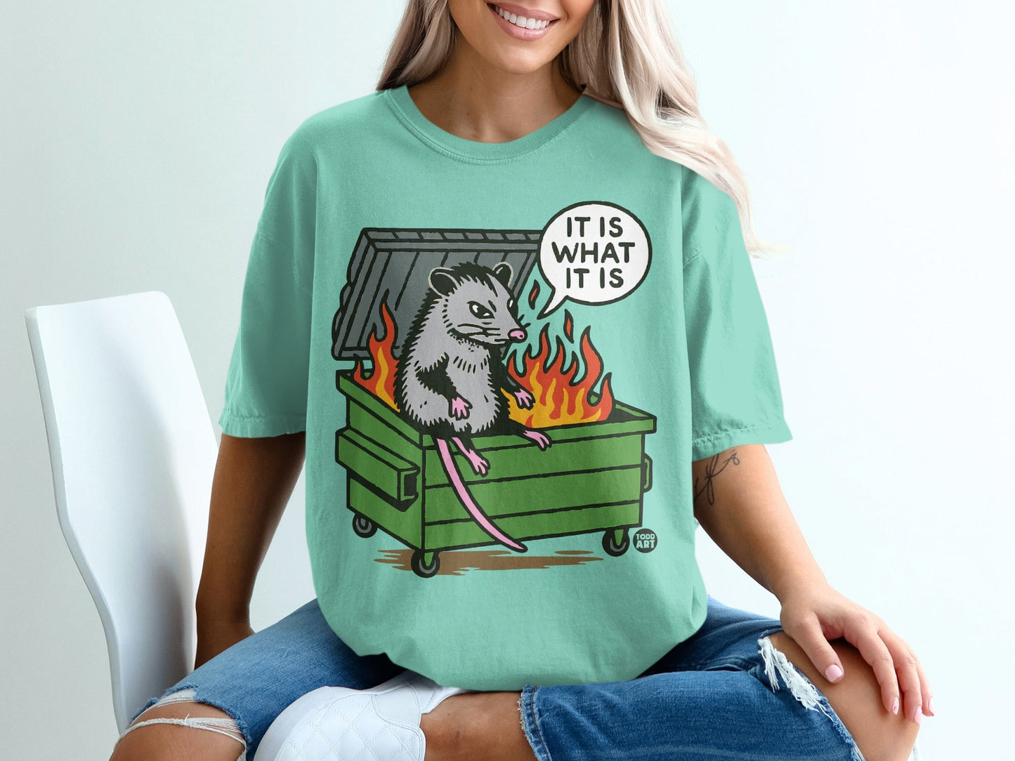 Opossum in burning dumpster with "IT IS WHAT IT IS" speech bubble.