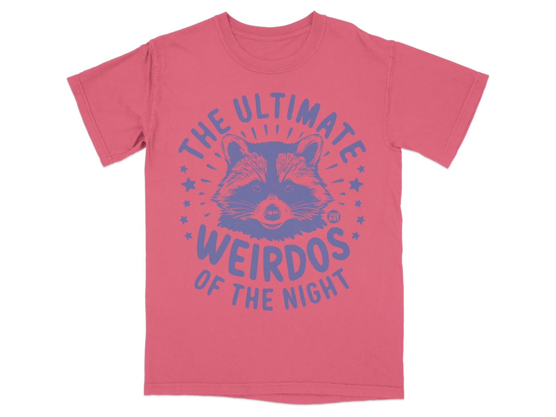 Pink t-shirt with "The Ultimate Weirdos of the Night" and a raccoon graphic.