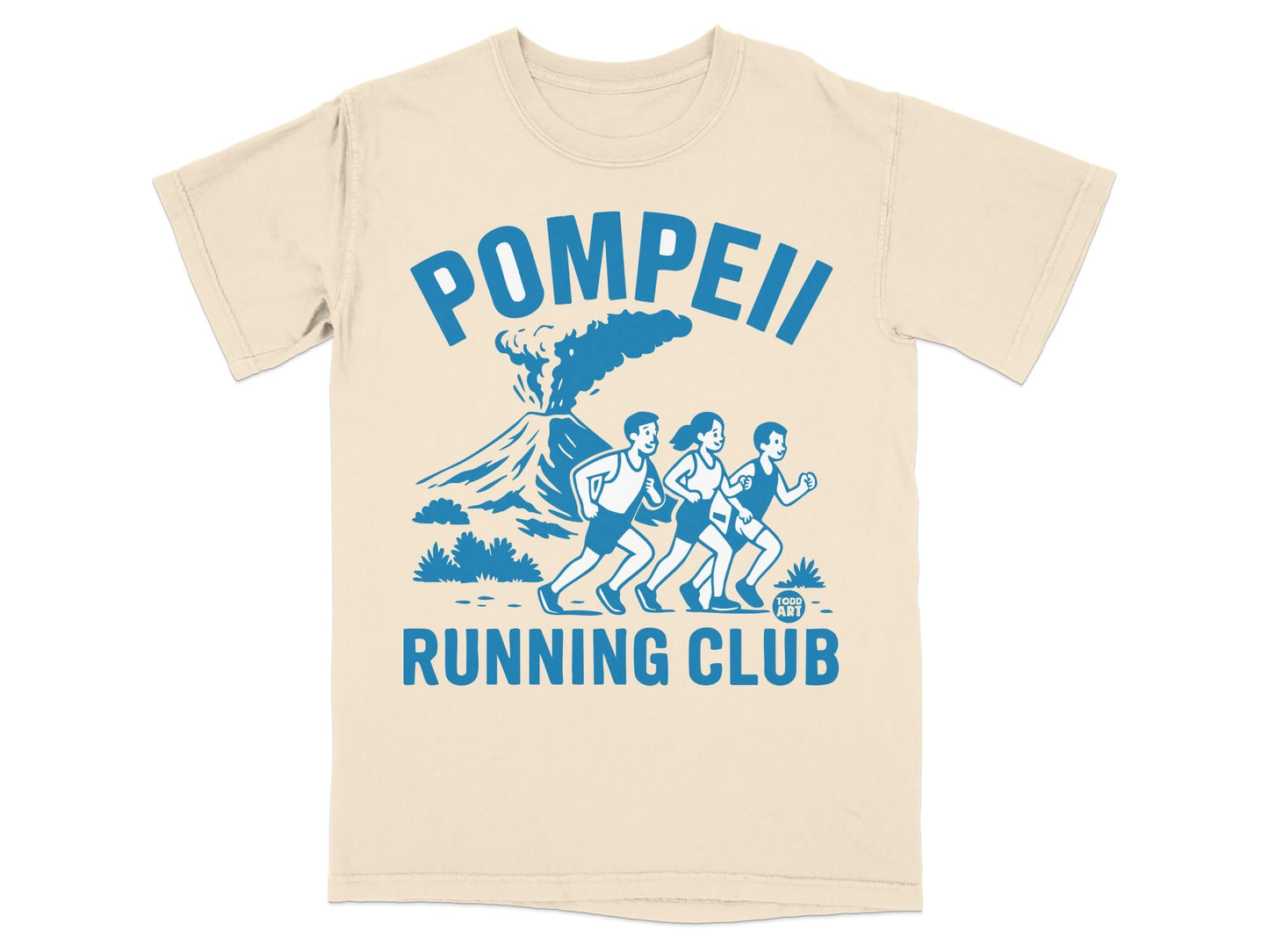 Pompeii Running Club t-shirt with Mount Vesuvius eruption graphic.