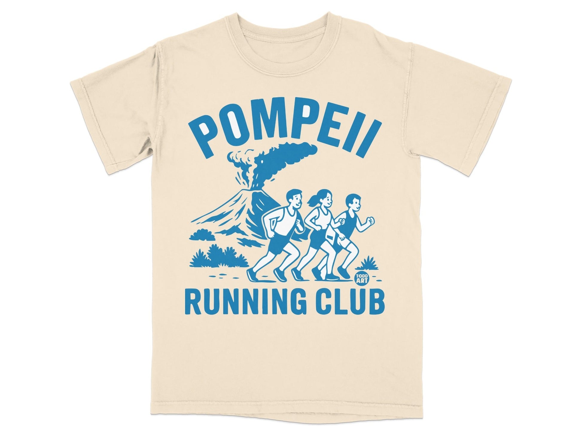 Pompeii Running Club t-shirt with Mount Vesuvius eruption graphic.