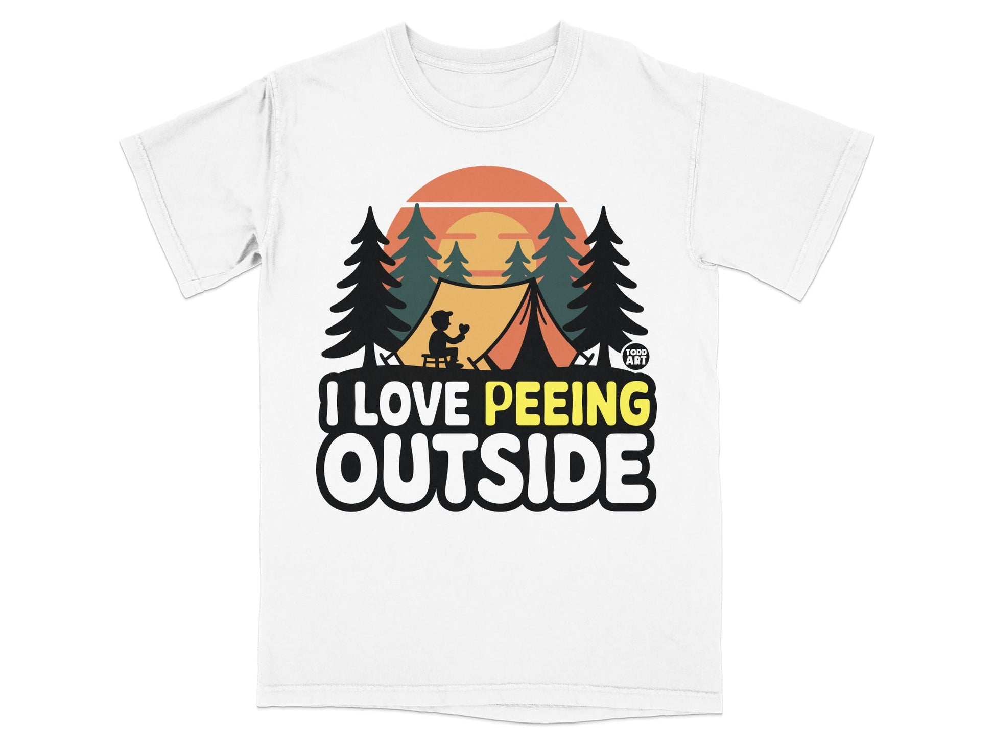 T-shirt with "I LOVE PEEING OUTSIDE" text and camping illustration.