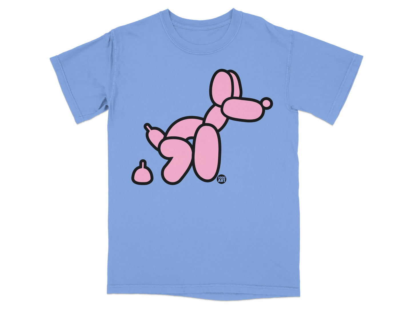 Light blue t-shirt with a pink balloon dog and a small brown poop.