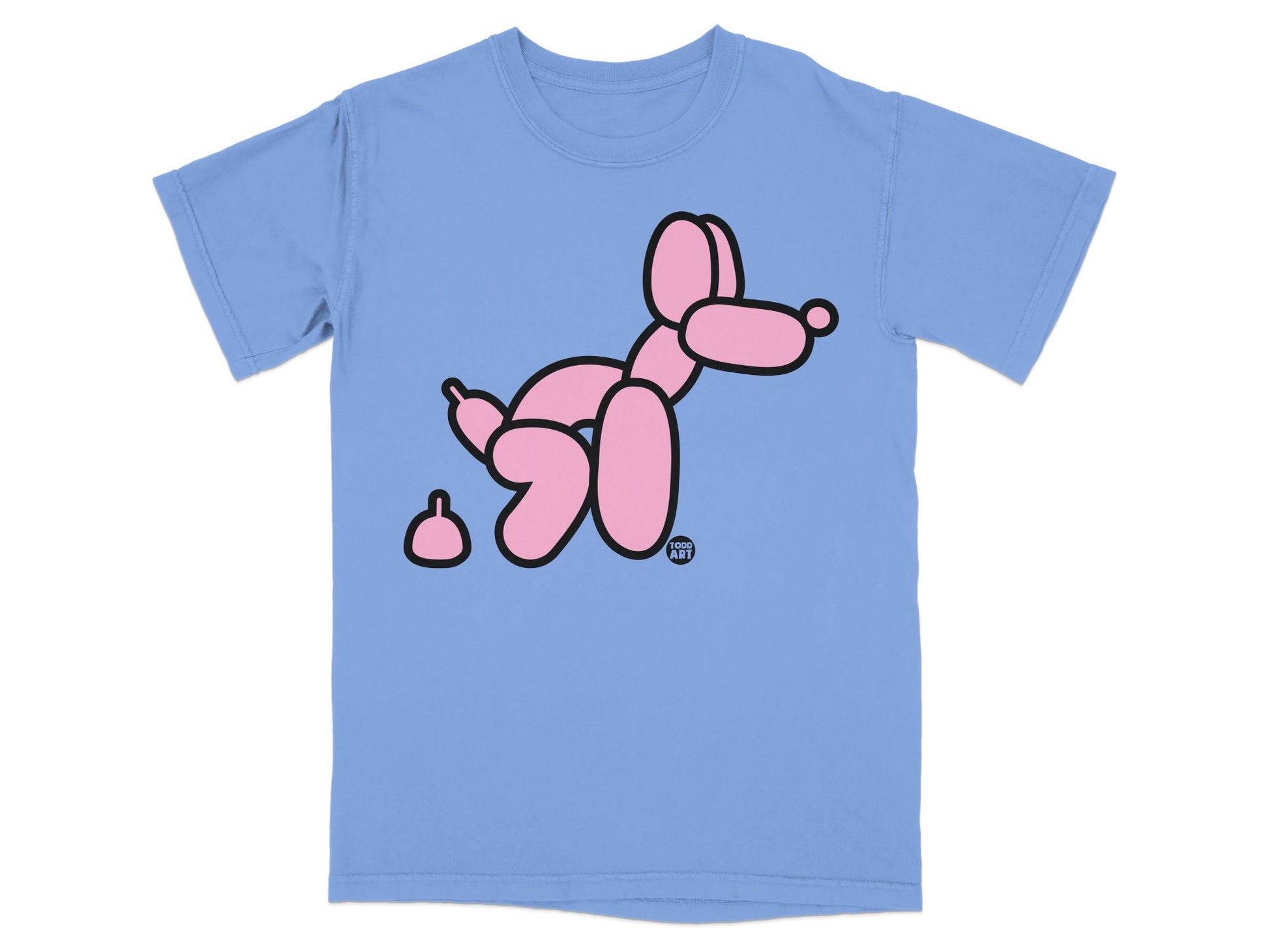 Light blue t-shirt with a pink balloon dog and a small brown poop.