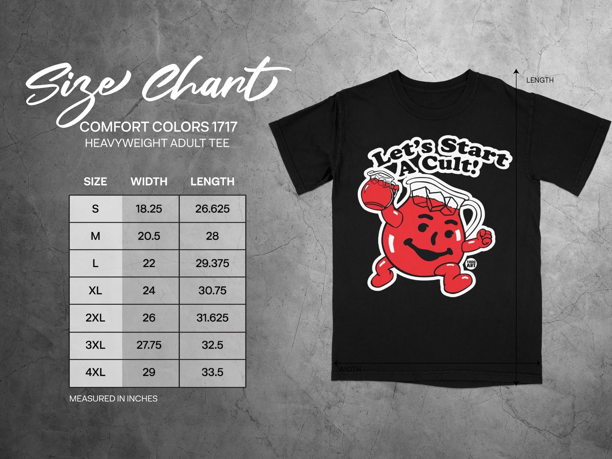 Comfort Colors 1717 size chart for heavyweight adult tee.
