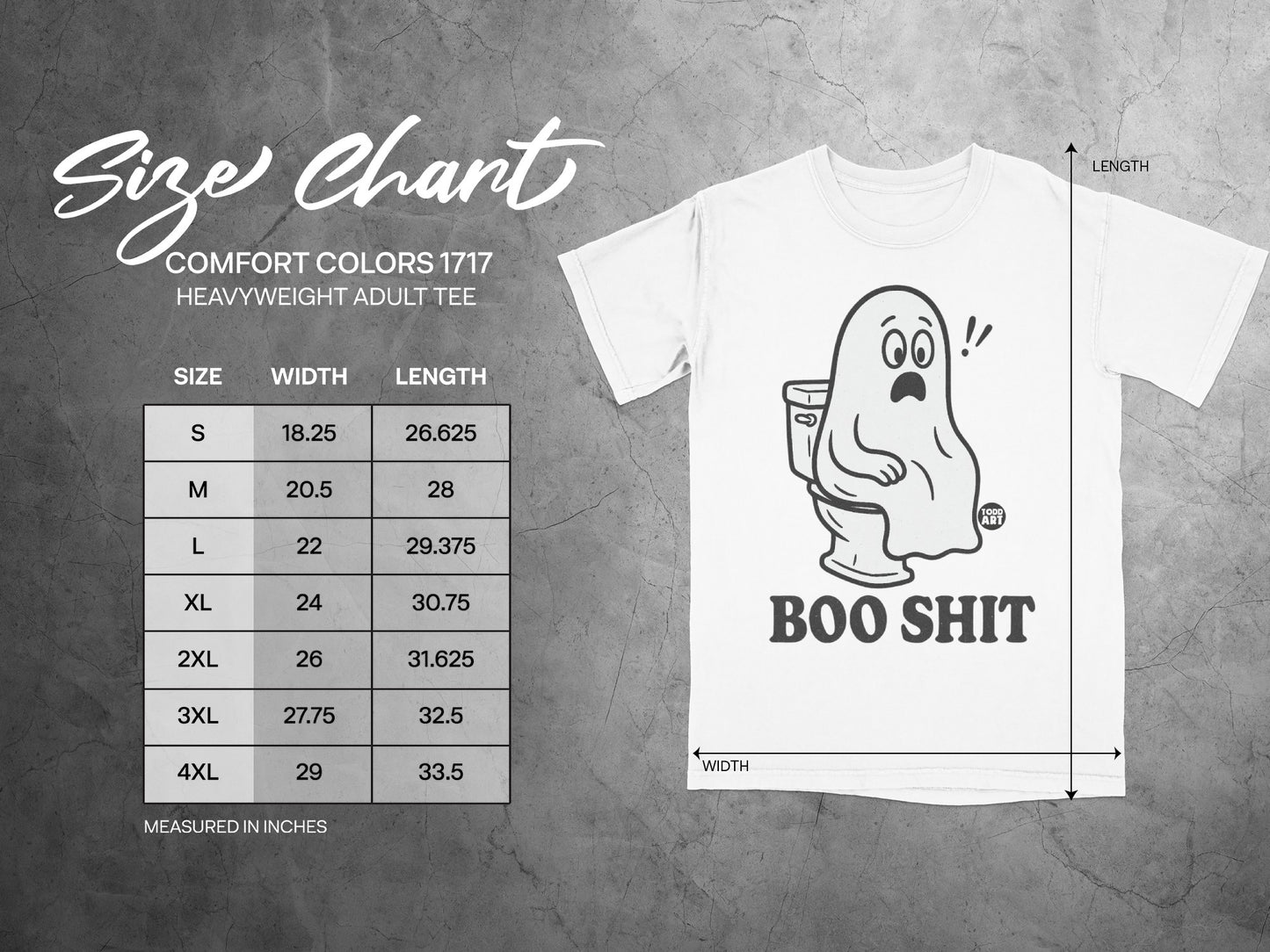 Size chart for Comfort Colors 1717 heavyweight adult tee with ghost graphic.