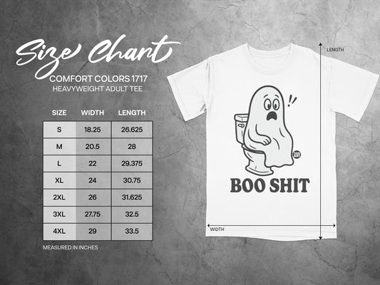 Size chart for Comfort Colors 1717 heavyweight adult tee with ghost graphic.