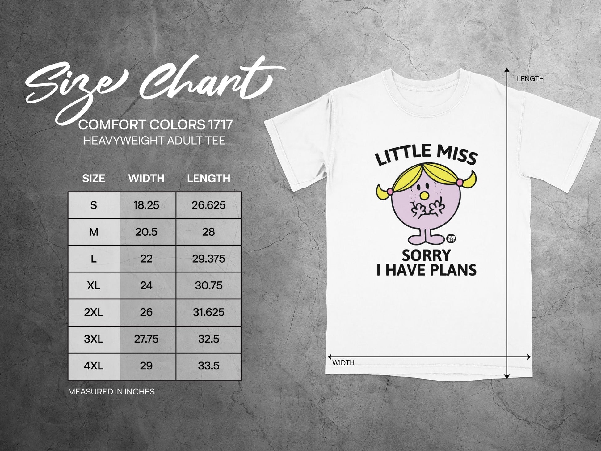Size chart for Comfort Colors 1717 heavyweight adult tee with Little Miss graphic.