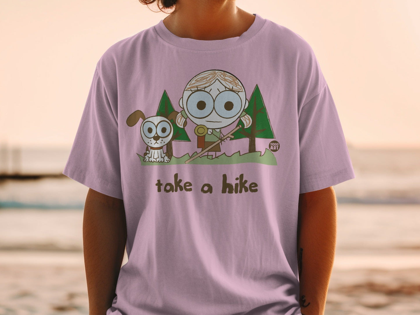 Take a Hike Cartoon Design on Pink T-Shirt