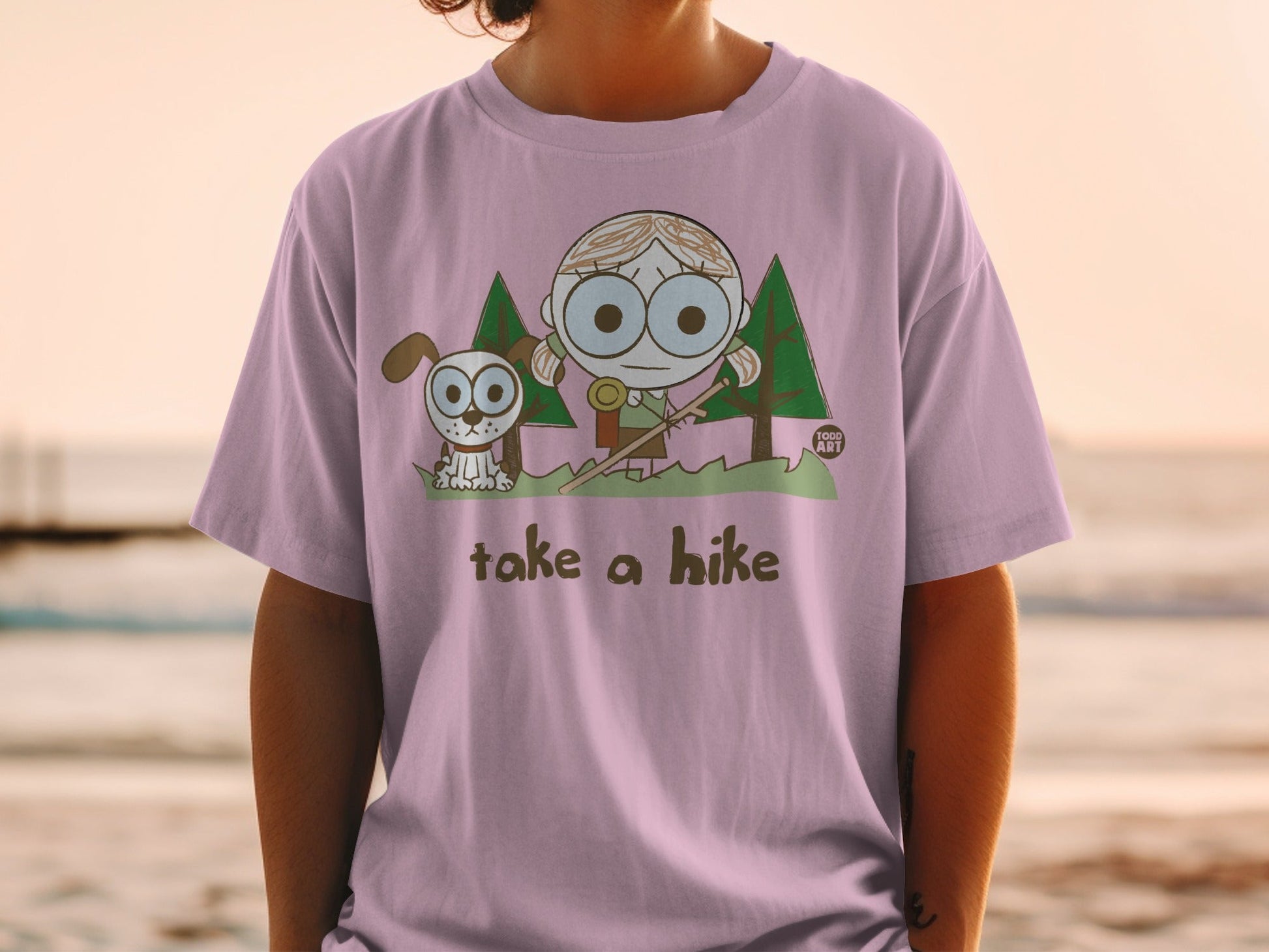 Take a Hike Cartoon Design on Pink T-Shirt