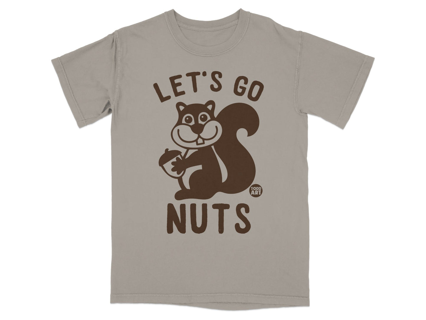 Brown graphic t-shirt with a cartoon squirrel holding an acorn and the text "LET'S GO NUTS".