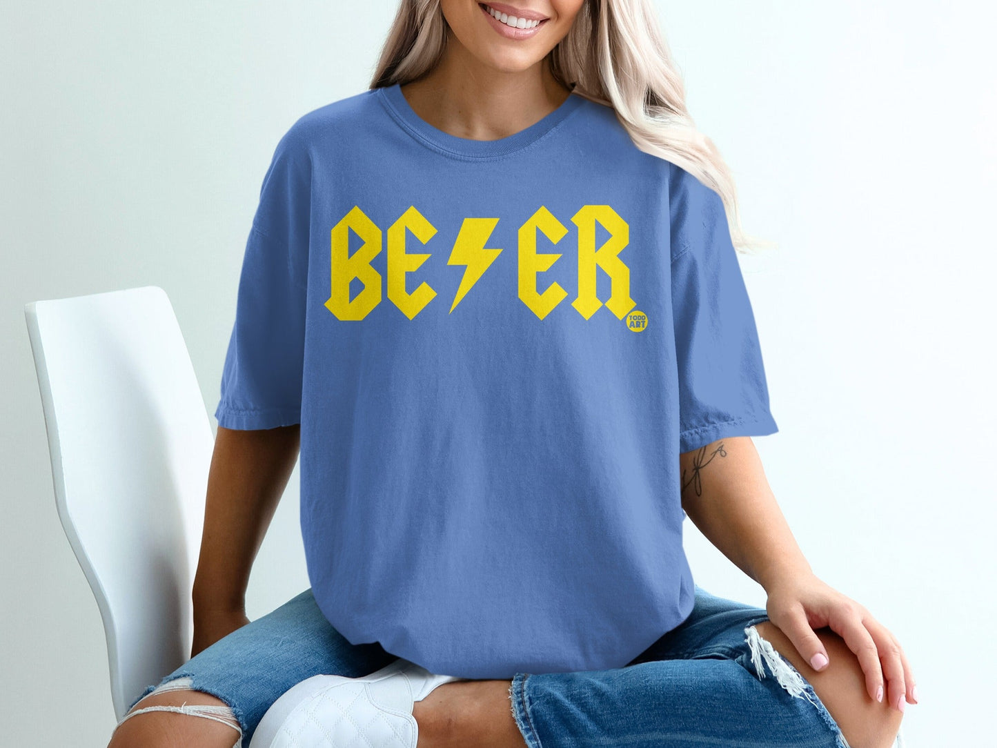 Blue Shirt with Bold Yellow BEER Graphic Design